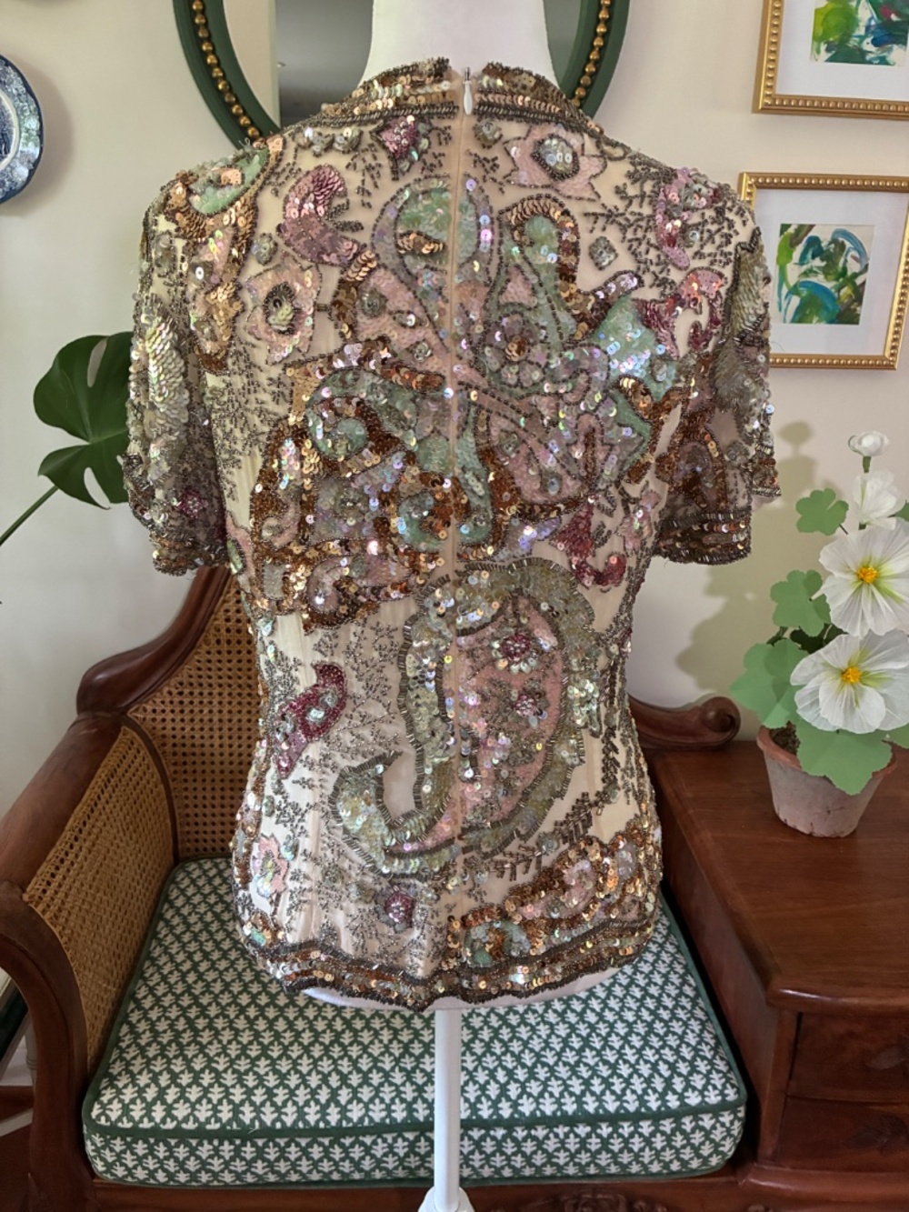 Rare Black Tie Oleg Cassini Vintage Beaded Sequin Silk Evening Top Small - Picture 5 of 10